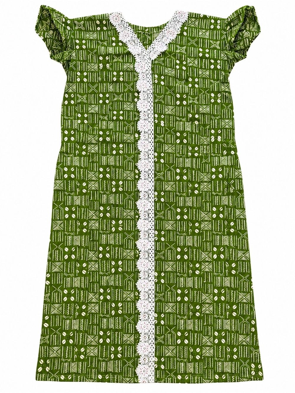 Green Mudcloth Print Shift Dress White Lace Trim V-Neck Ruffle Sleeve